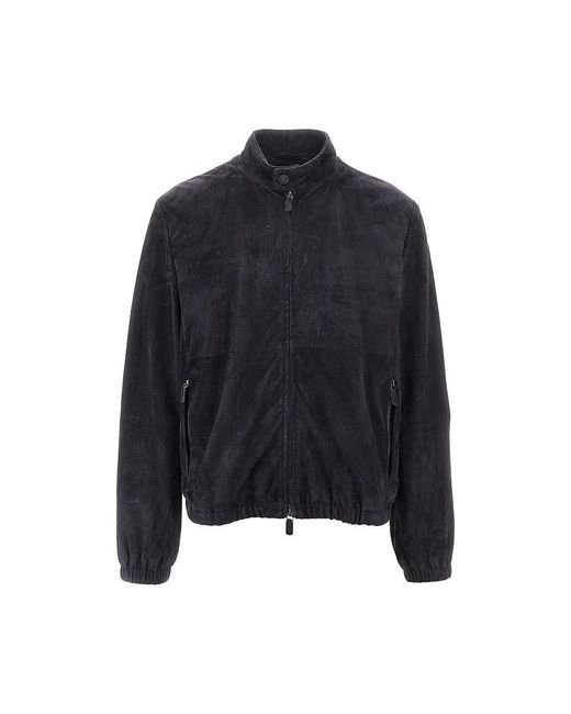 Emporio Armani Blue Leather Jacket With Openworked Motif for men