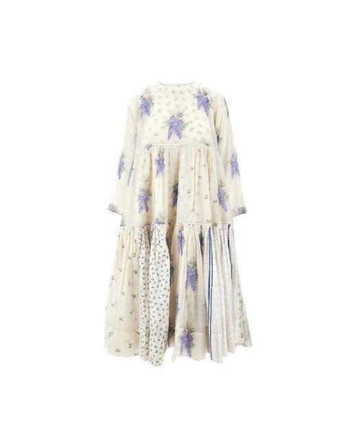 Péro White Patchwork Voile Flounced Midi Dress