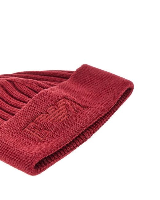 Emporio Armani Red Knitted Beanie Hat With Logo Embroidery