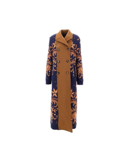 Etro Brown Bi-Material Double-Breasted Long Coat