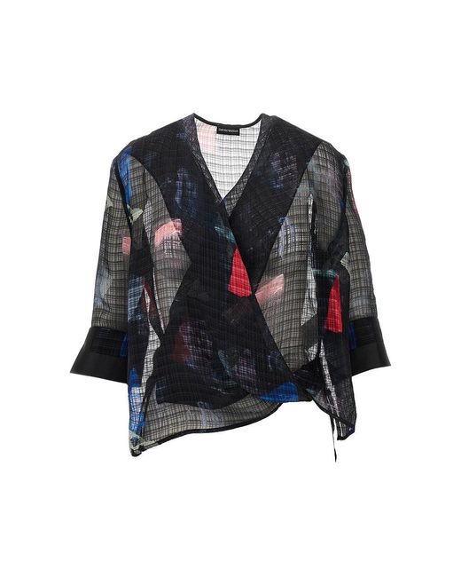 Emporio Armani Blue Criss-Crossed Silk-Blend Blouse