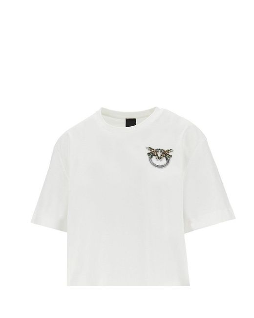 Pinko White Jewelled Logo Embroidery T-Shirt