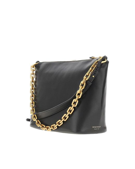 Emporio Armani Black Nappa Leather Medium Hobo Bag With Chain