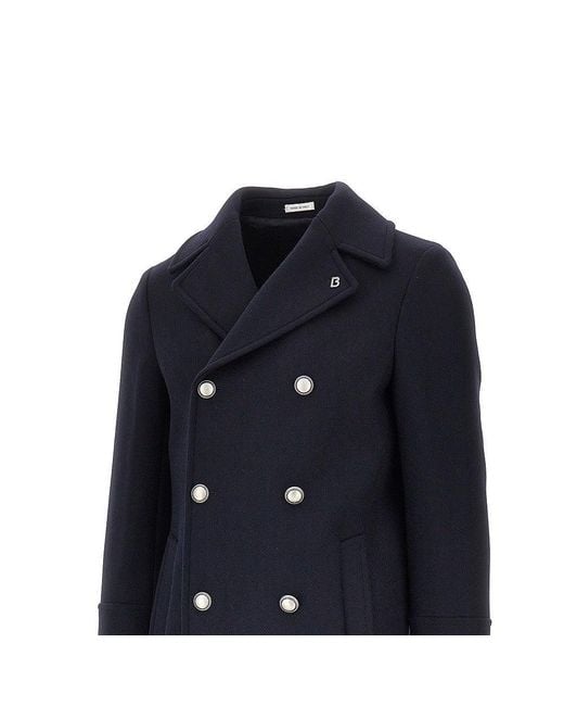 BRERAS Milano Blue Wool-Blend Double-Breasted Peacoat for men