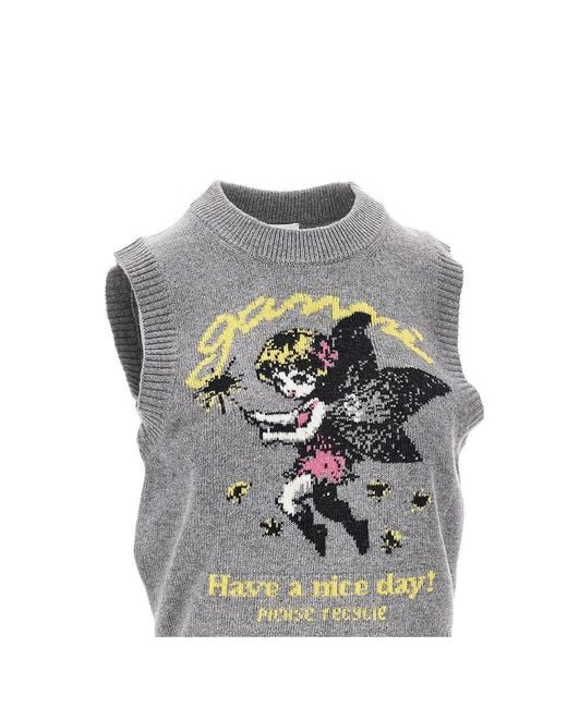 Ganni Gray Wool-Blend Knitted Top