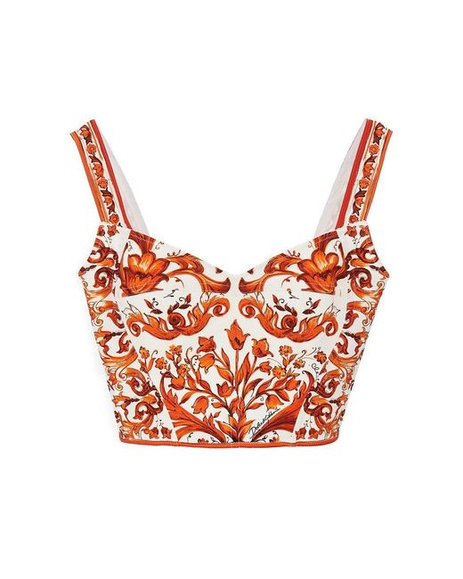 Dolce & Gabbana Red Charmeuse Top With Maiolica Print