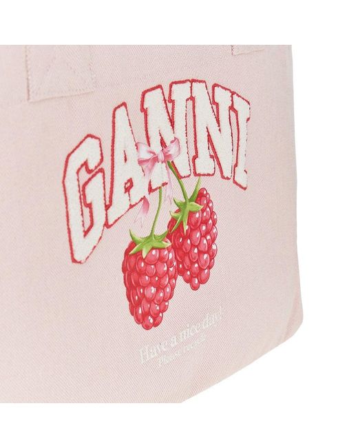 Ganni Pink Shopping Bag With Raspberries Print
