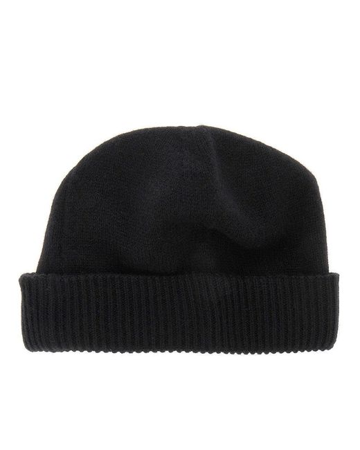 Emporio Armani Black Cashmere Beanie Hat With Leather Logo Patch for men