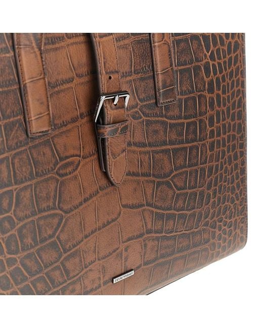 Emporio Armani Brown Croco-Embossed Leather Briefcase for men