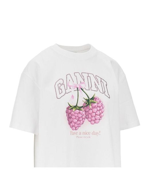 Ganni White Cotton T-Shirt With 'Raspberries' Print