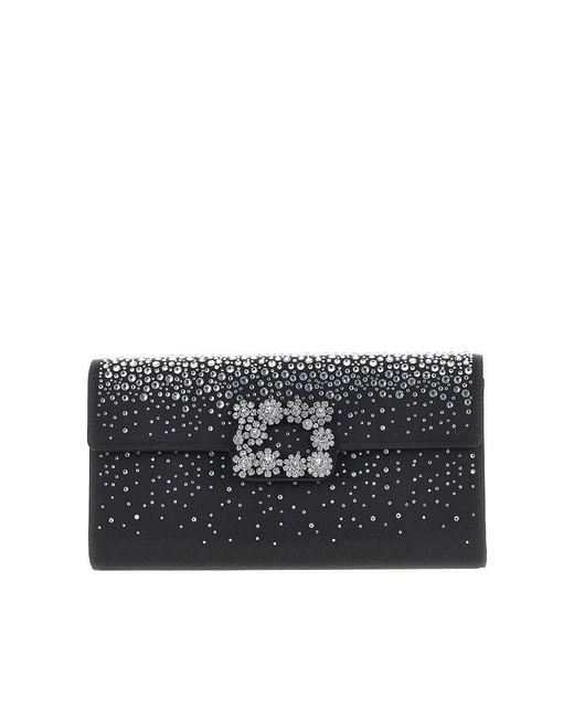 Roger Vivier Black 'Efflorescence' Satin Pouch With Rhinestones