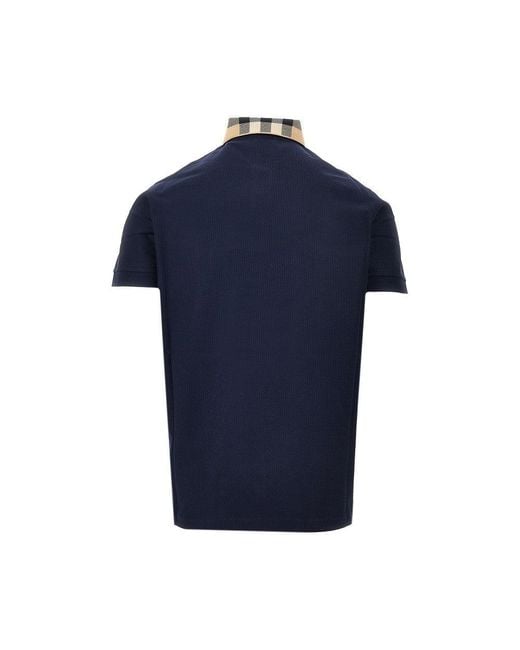Burberry Blue Piquet Polo Shirt With Check Collar for men