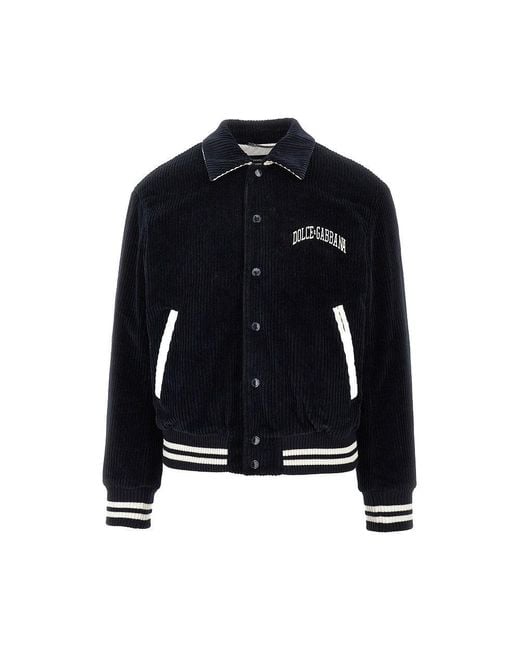 Dolce Gabbana Men's Blue 'Dg University' Corduroy Bomber Jacket