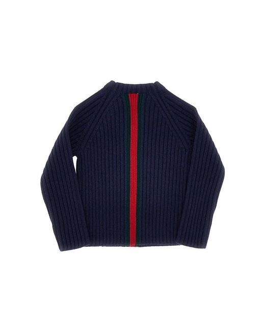 Gucci Blue Wool Sweater With Web Ribbon Kids