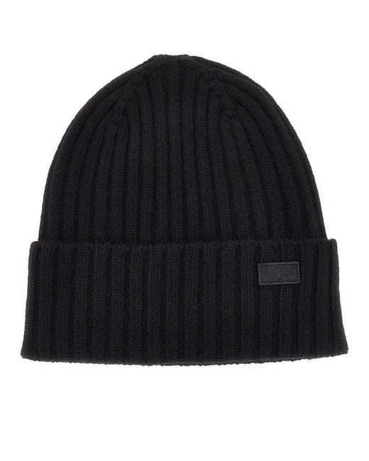 Weekend by Maxmara Black Virgin Wool Beanie Hat With Logo Patch