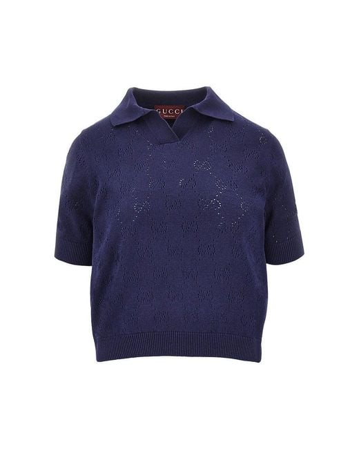 Gucci Blue Knitted Polo Shirt With Openworked Gg Motif