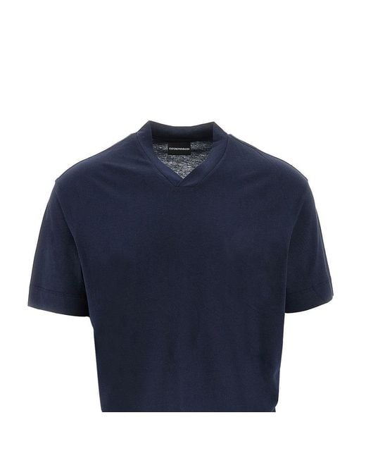 Emporio Armani Blue Cotton And Silk-Blend Short-Sleeved T-Shirt for men