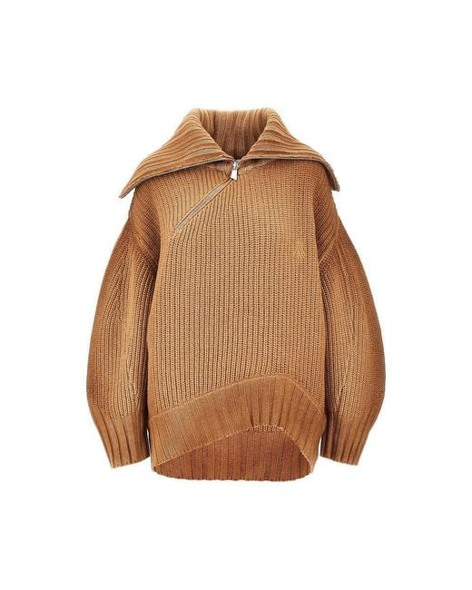 The Attico Brown Wool And Cashmere Sweater With Slanted Zip