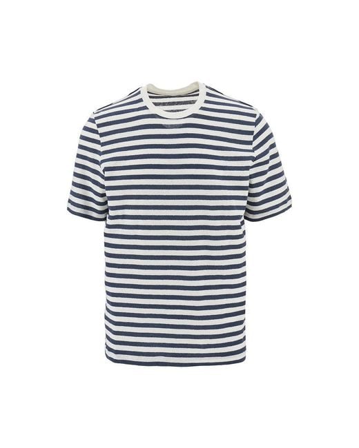Majestic Filatures Blue Striped Cotton And Linen T-Shirt for men