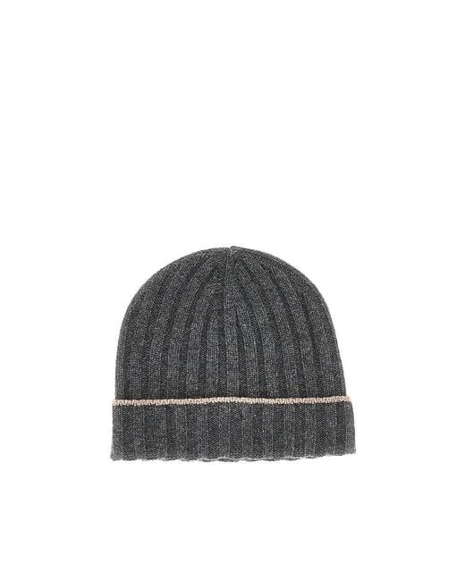 Brunello Cucinelli Gray Ribbed Cashmere Beanie Hat for men