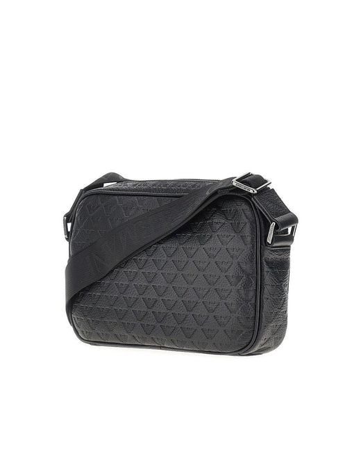 Emporio Armani Black Eagle Motif Embossed Leather Crossbody Bag for men