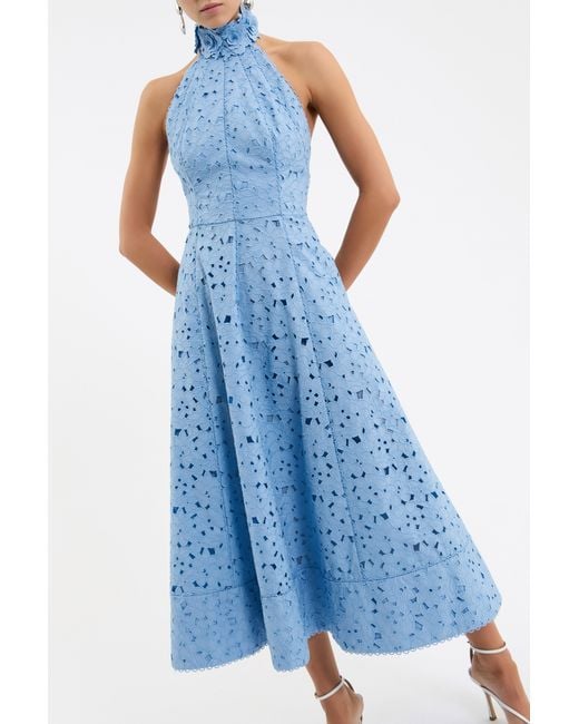 Rebecca Vallance Blue Nuvola Halter Midi Dress