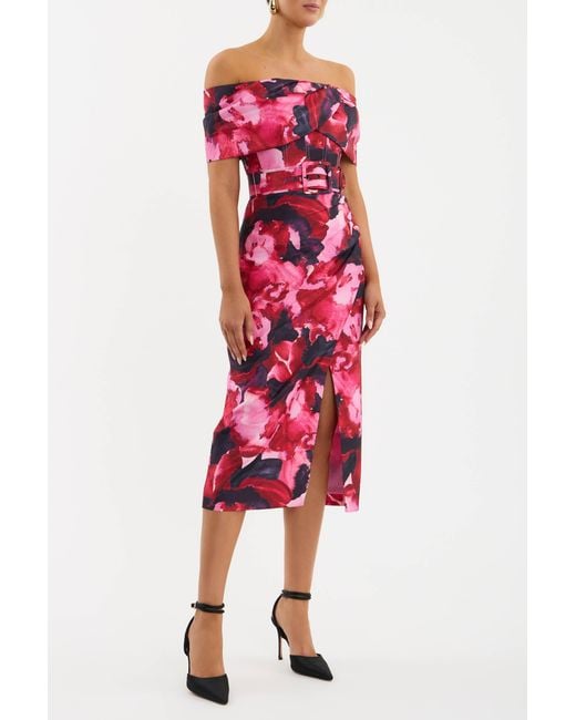 Rebecca Vallance Red Petunia Off The Shoulder Midi Dress