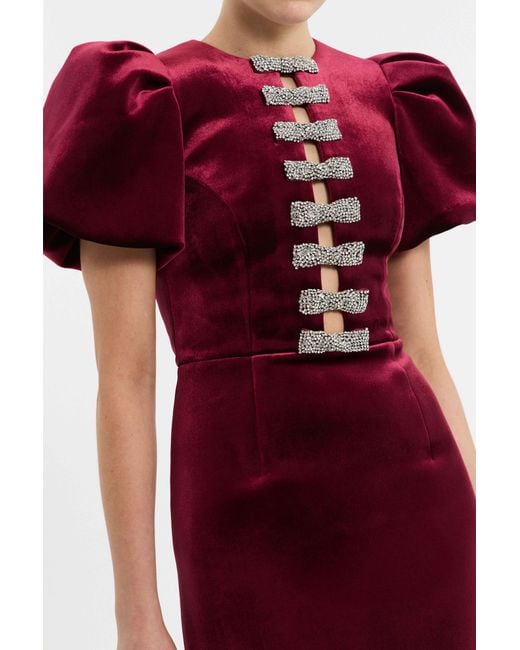 Rebecca Vallance Red Edwiena Puff Sleeve Bow Midi Dress