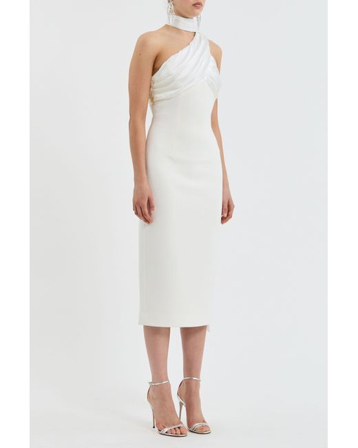 Rebecca Vallance White Atlas Halter Tie Midi Dress