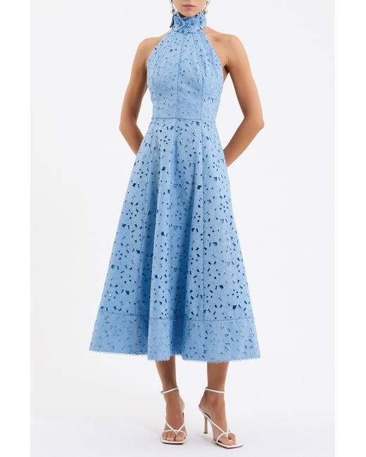 Rebecca Vallance Blue Nuvola Halter Midi Dress