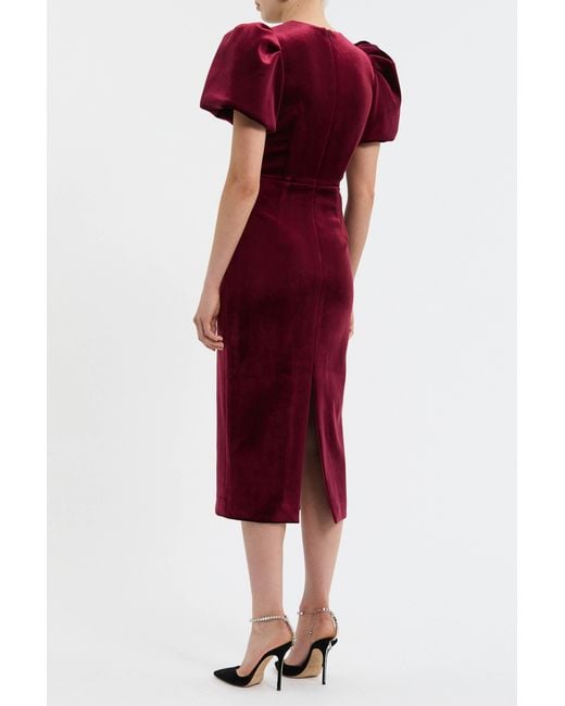 Rebecca Vallance Red Edwiena Puff Sleeve Bow Midi Dress