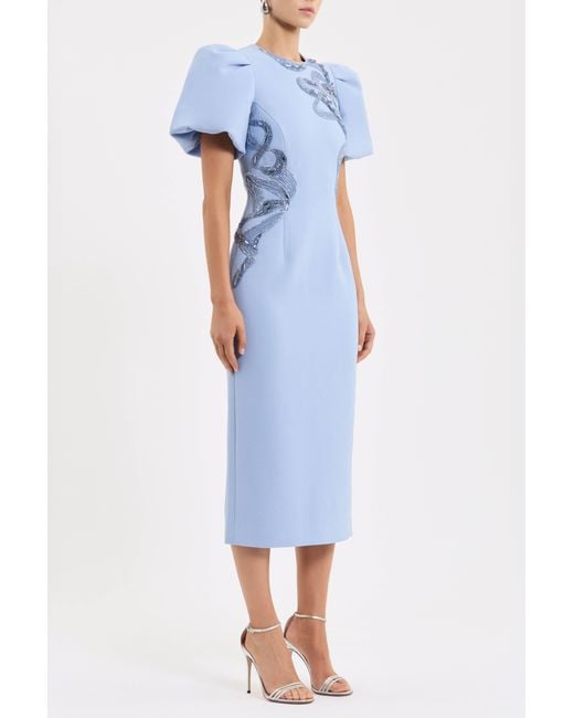 Rebecca Vallance Blue Aylin Puff Sleeve Midi Dress