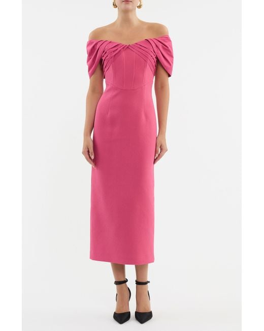 Rebecca Vallance Pink Anais Off Shoulder Midi Dress