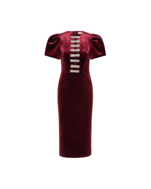 Rebecca Vallance Red Edwiena Puff Sleeve Bow Midi Dress