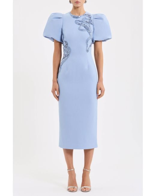 Rebecca Vallance Blue Aylin Puff Sleeve Midi Dress