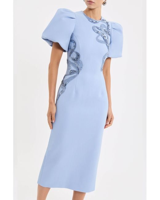 Rebecca Vallance Blue Aylin Puff Sleeve Midi Dress