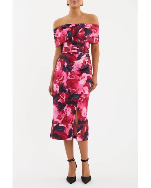 Rebecca Vallance Red Petunia Off The Shoulder Midi Dress
