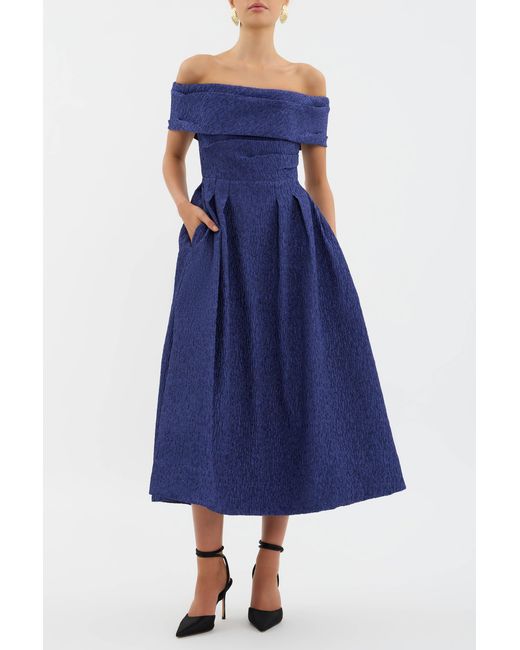 Rebecca Vallance Blue Helene Off Shoulder Midi Dress