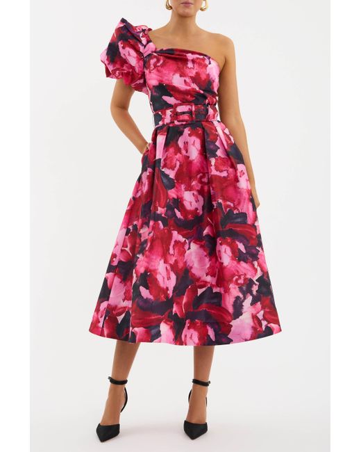 Rebecca Vallance Red Petunia One Shoulder Midi Dress