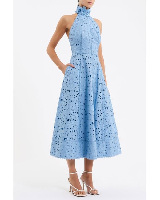 Rebecca Vallance Blue Nuvola Halter Midi Dress