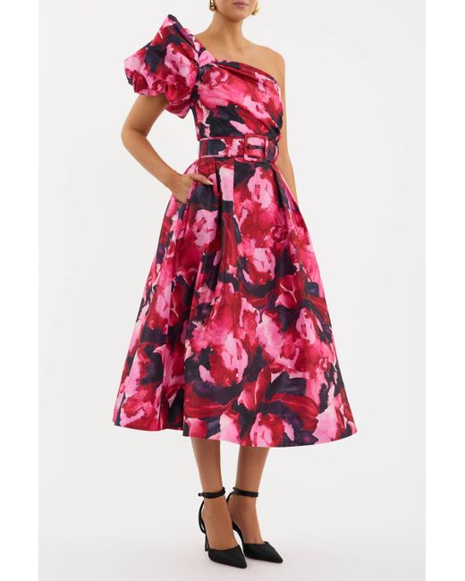 Rebecca Vallance Red Petunia One Shoulder Midi Dress