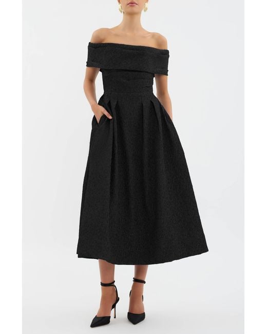Rebecca Vallance Black Helene Off Shoulder Midi Dress