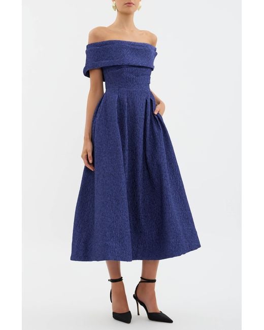 Rebecca Vallance Blue Helene Off Shoulder Midi Dress