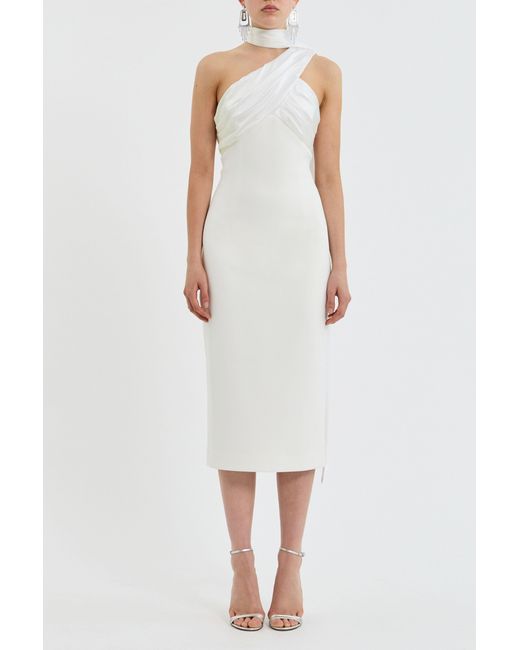 Rebecca Vallance White Atlas Halter Tie Midi Dress
