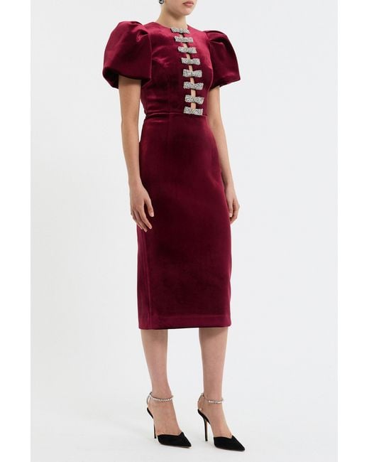 Rebecca Vallance Red Edwiena Puff Sleeve Bow Midi Dress