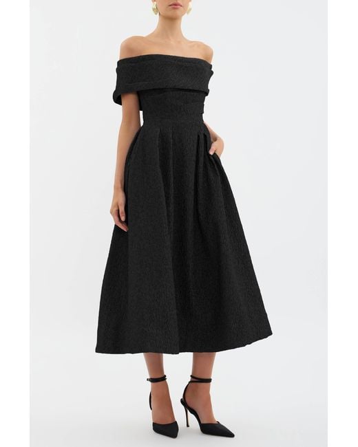Rebecca Vallance Black Helene Off Shoulder Midi Dress