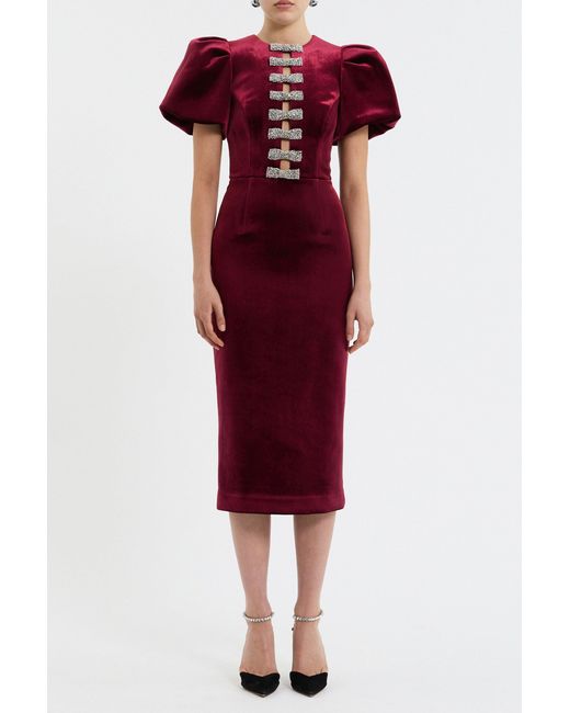 Rebecca Vallance Red Edwiena Puff Sleeve Bow Midi Dress