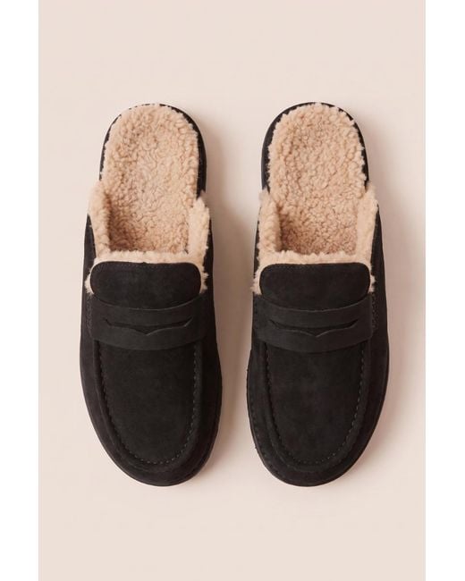 Rebellious Fashion Black Faux Suede Faux Fur Lined Loafer Mules