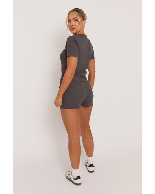 Rebellious Fashion Gray Charcoal Rib Button Front Top And Short Co-Ord Set