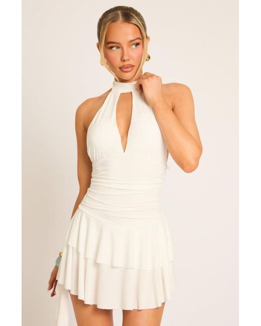 Rebellious Fashion Natural Ruched Halterneck Frill Skort Playsuit